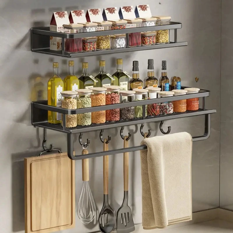 Kitchen Shelf Spice Storage Rack Wall-mounted Kitchen Spatula Spoon Hook Towel Bar Suitable Kitchen And Bathroom Item Storage