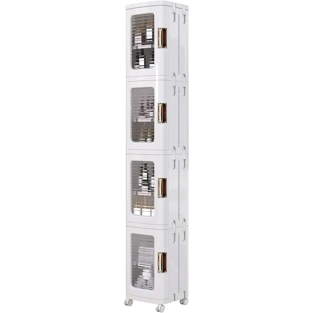 4-Tier Tall Narrow Storage Cabinet Movable Wheels,Adjustable Shelves,Anti-Tip,Slim,Small Space,Bathroom,Kitchen,Laundry,White