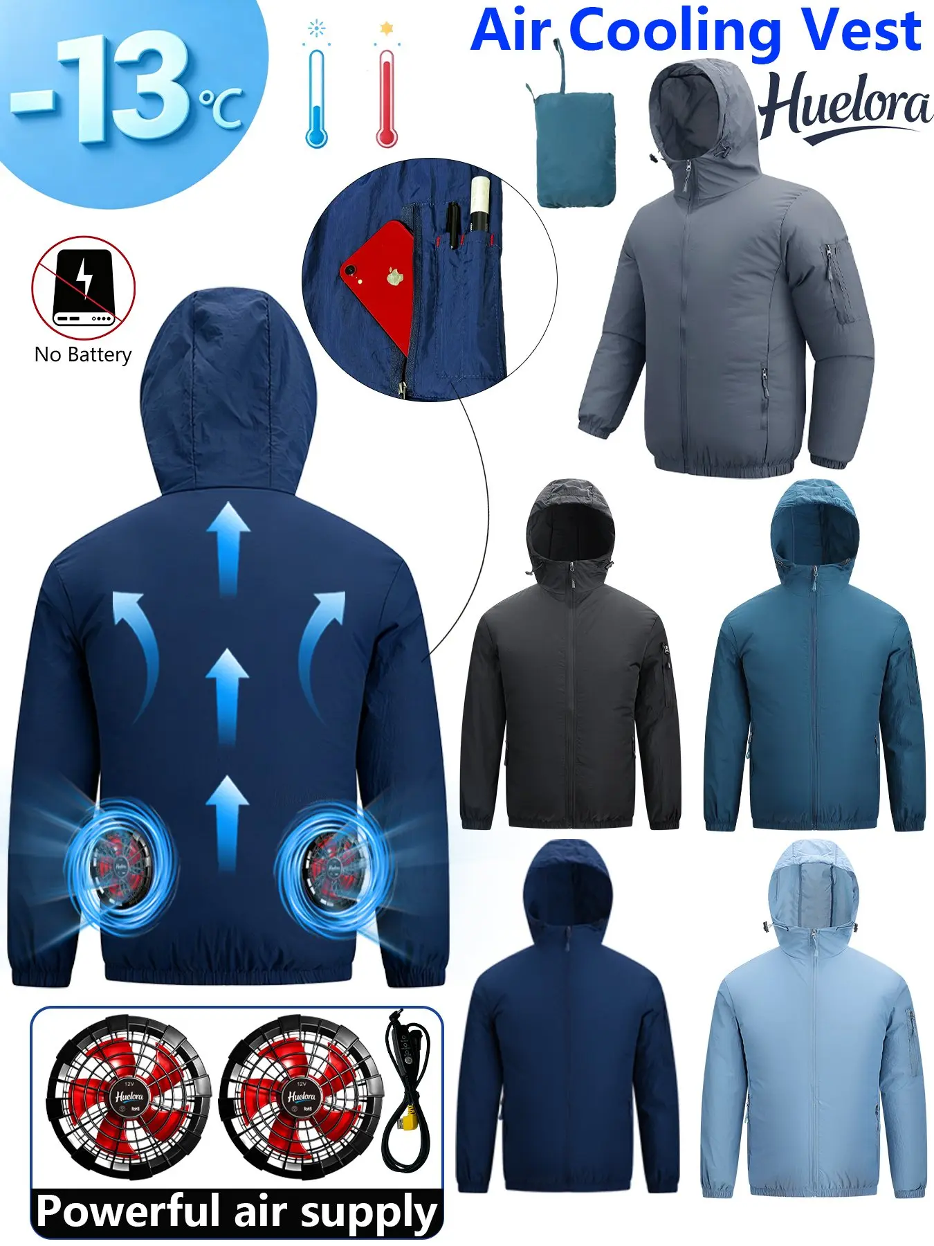 Chaqueta con Capucha y Ventilación USB para Hombre, con Dos Ventiladores, Chaqueta de Trabajo de Verano para Pesca al Aire Libre