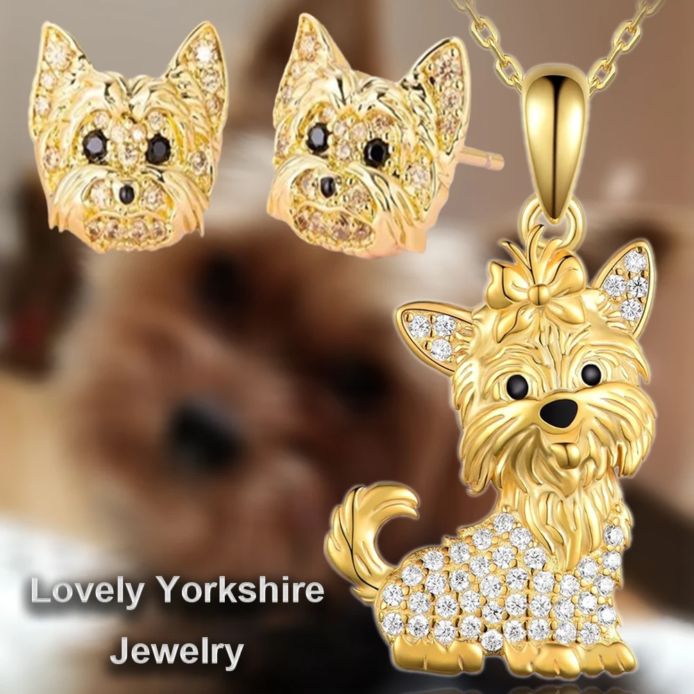 2 unids/set elegante collar con colgante de Yorkshire Terrier dorado y pendientes lindos para damas, accesorios de joyería diarios, regalos de vacaciones