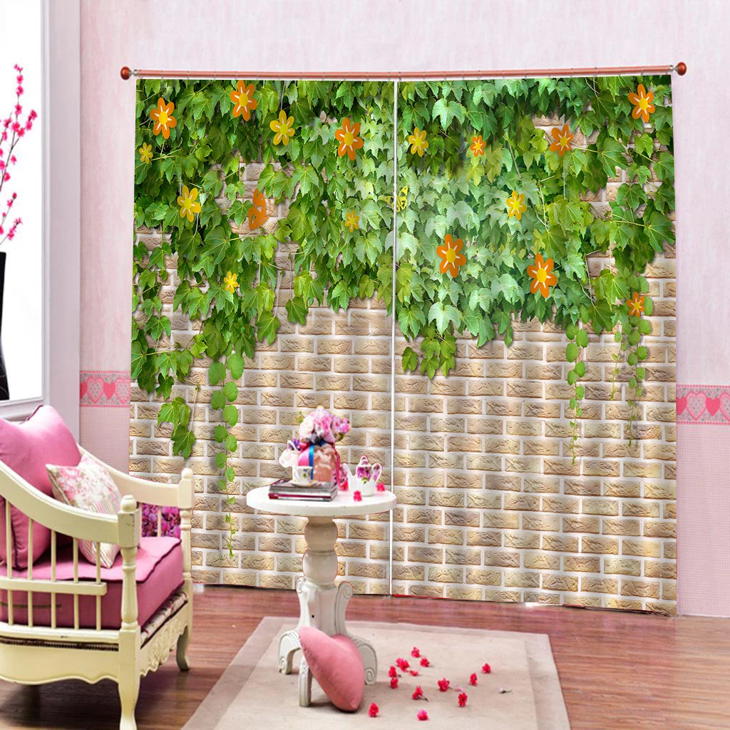 Beautiful Photo Fashion Customized 3D Curtains brown brick green leaf curtains blackout curtains