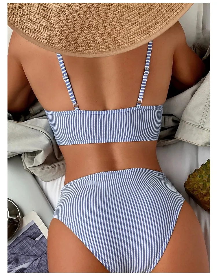 Cikini-Ruffle Trim High Waisted Bikinis Set, Stripe Printing Swimsuit, Summer Beach Swimwear, Bathing Suit for Women