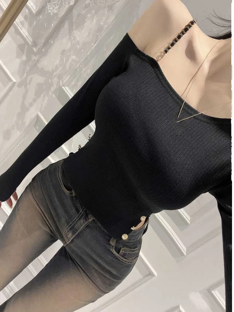 رغبة نقية Sle كم طويل الكتف عارية تي شيرت المرأة سليم صالح قاعدة قميص النسخة الكورية مثير ضيق ملابس داخلية #4