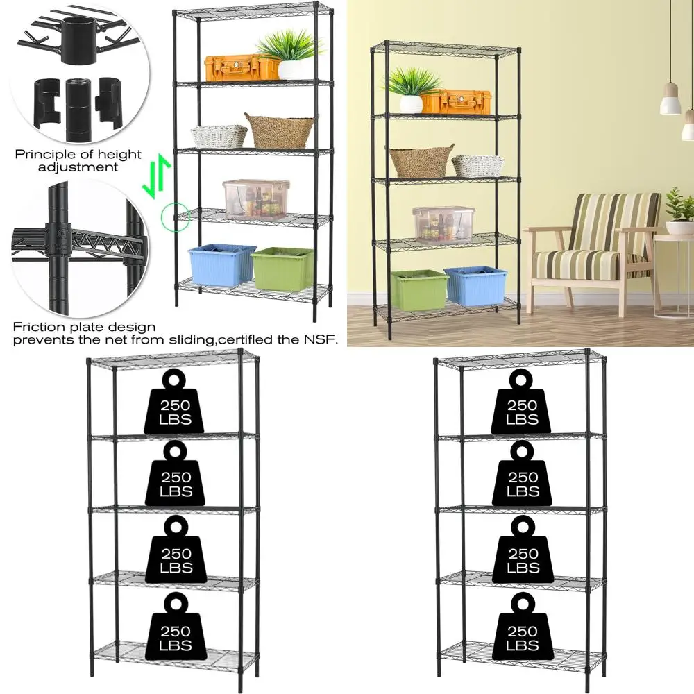 

5-ярусная регулируемая металлическая стеллажная система для хранения вещей в прачечной, на кухне, в ванной и гараже - 14x36x72 дюйма (черная)
