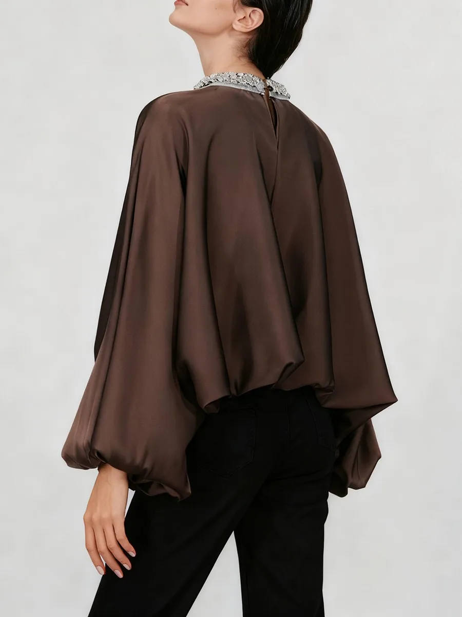 TWOTWINSTYLE Solido Allentato Impiombato Diamanti Camicette Eleganti per Le Donne O Collo Maniche Lunghe Camicetta Vintage Abbigliamento Moda Femminile