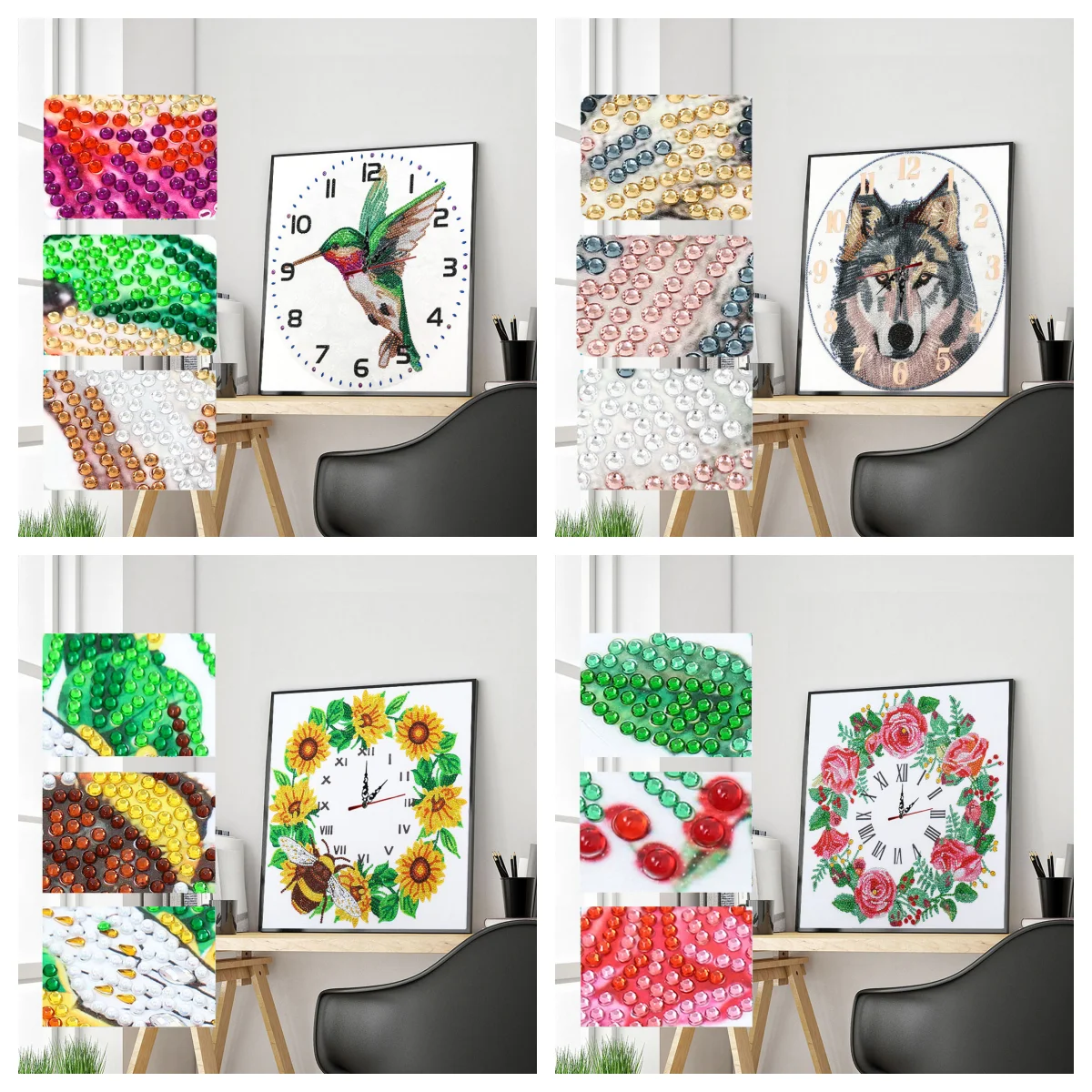 1 DIY Floral/Animal Pattern Diamond Painting Clock, Frameless Canvas Material and Sports Wall Decoration Diamond Art Clock
