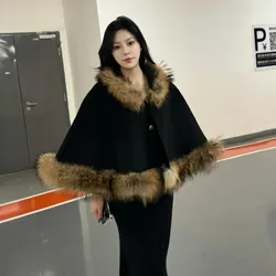 Winter Thick Warm Shawls Female Luxury Coat 2024 Women Real Raccoon Fur Genuine Raccoon Fur Collar Trim Wool Cape Fashion Style