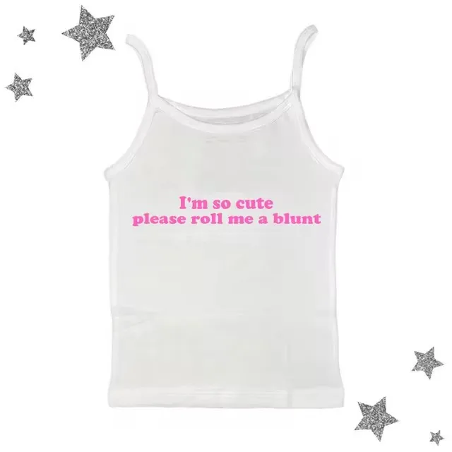 Women Y2K Sleeveless Cami Tank Top I'm So Cute Letter Print Slim Fit Spaghetti Strap Summer Casual Crop Vest