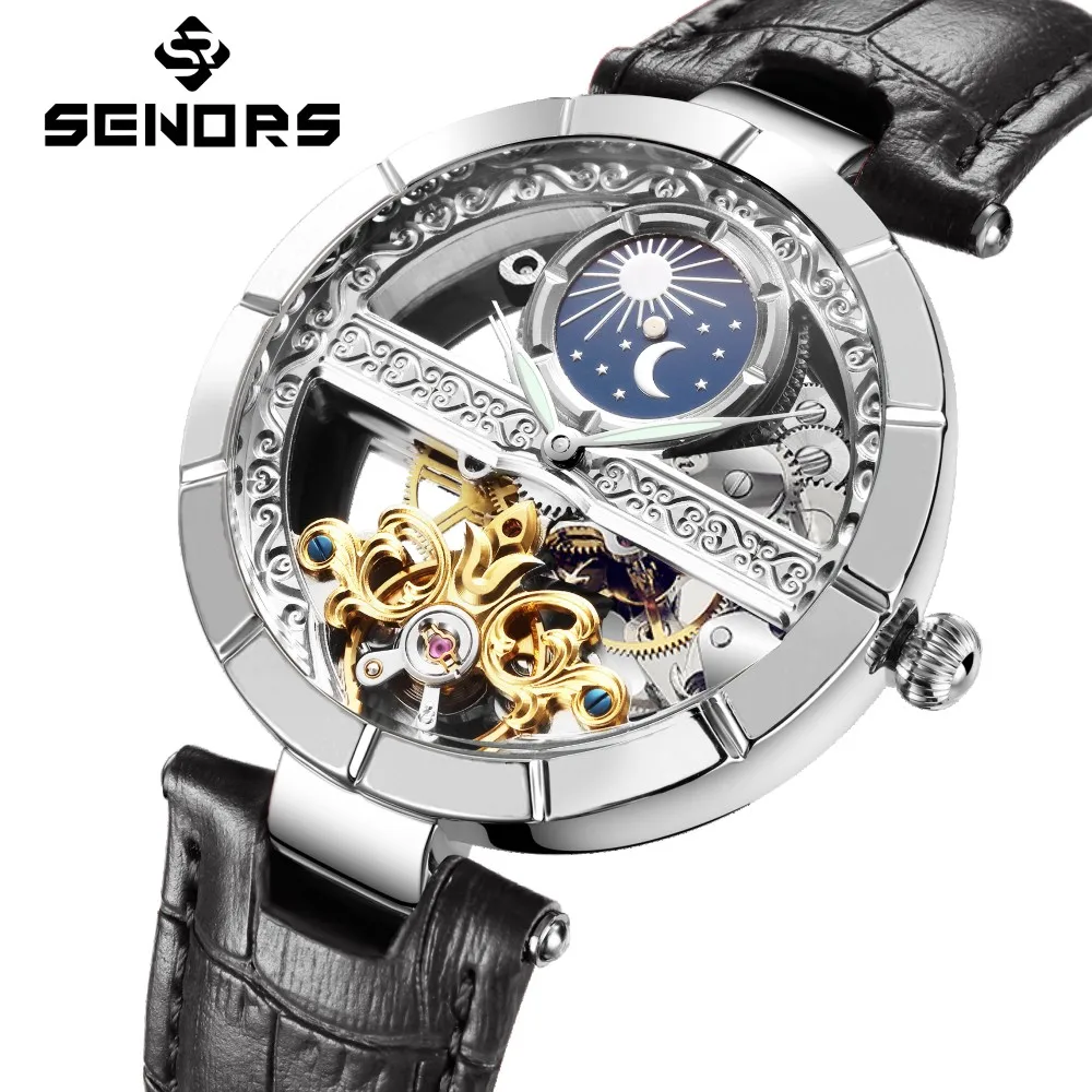 Senors Diamond Horloges Vrouw Automatische Tourbillon Mechanische Horloges Dames Klok Vrouwelijke Maanfase Horloge Relogio Feminino 3ATM