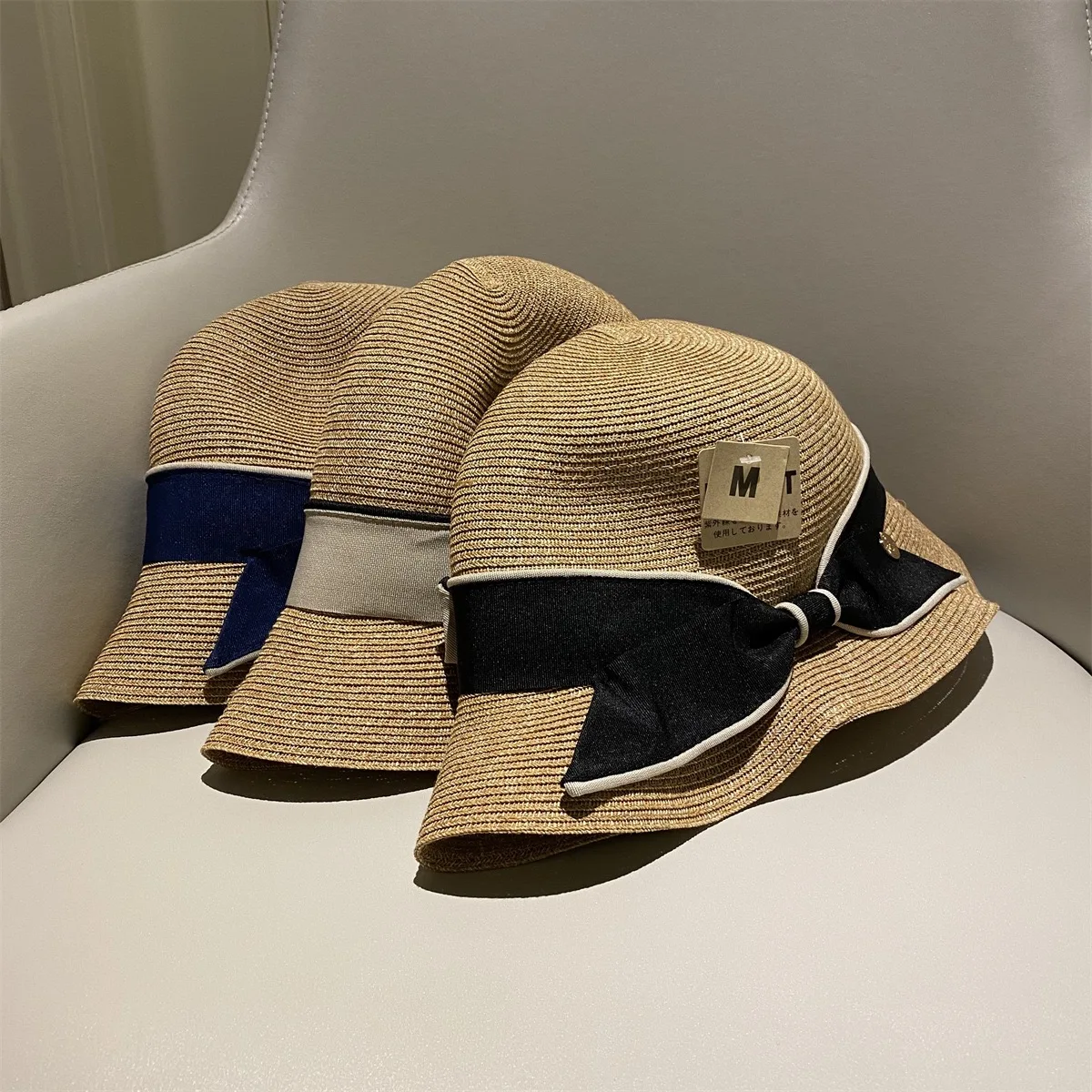 Star Sun Li style bow straw hat Japanese UV fine grass woven sunshade UV protection pot hat summer big brim celebrity sun hat