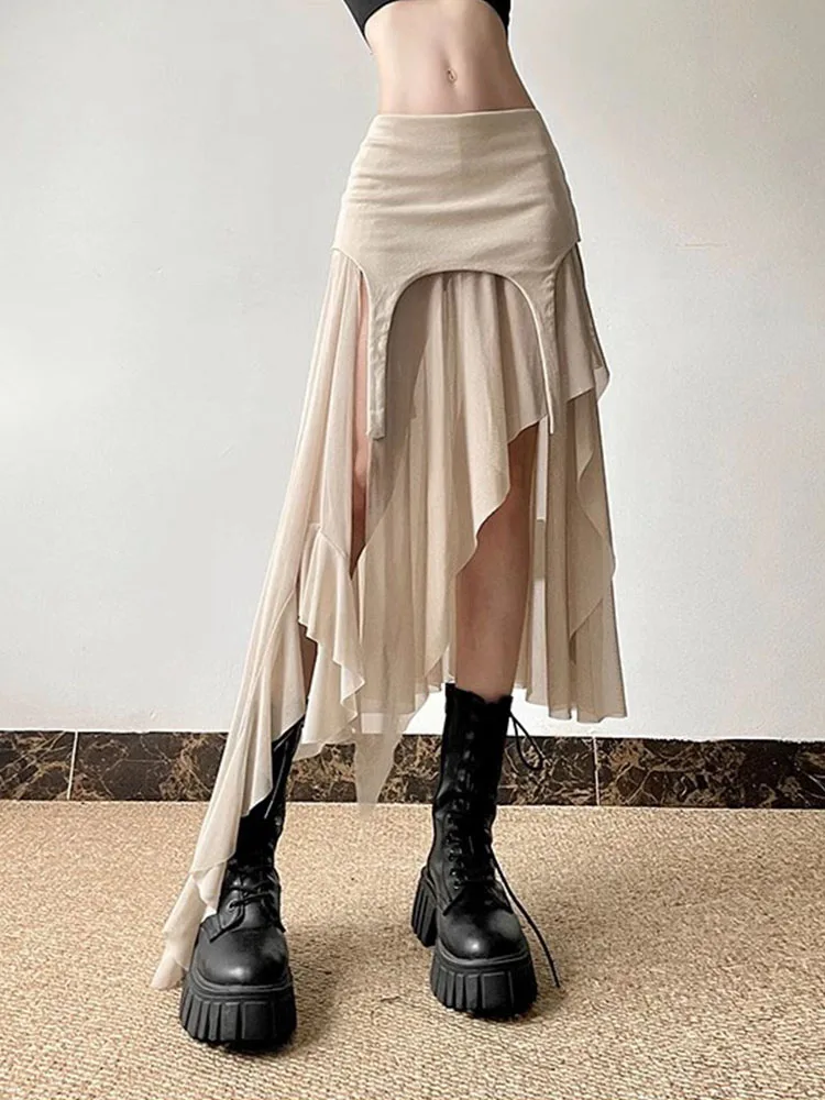 

American Hot Girl Style Asymmetrical High Waist Slimming Midi Skirt Women's Summer A-Line Mesh Half Skirt Commute Korean Version