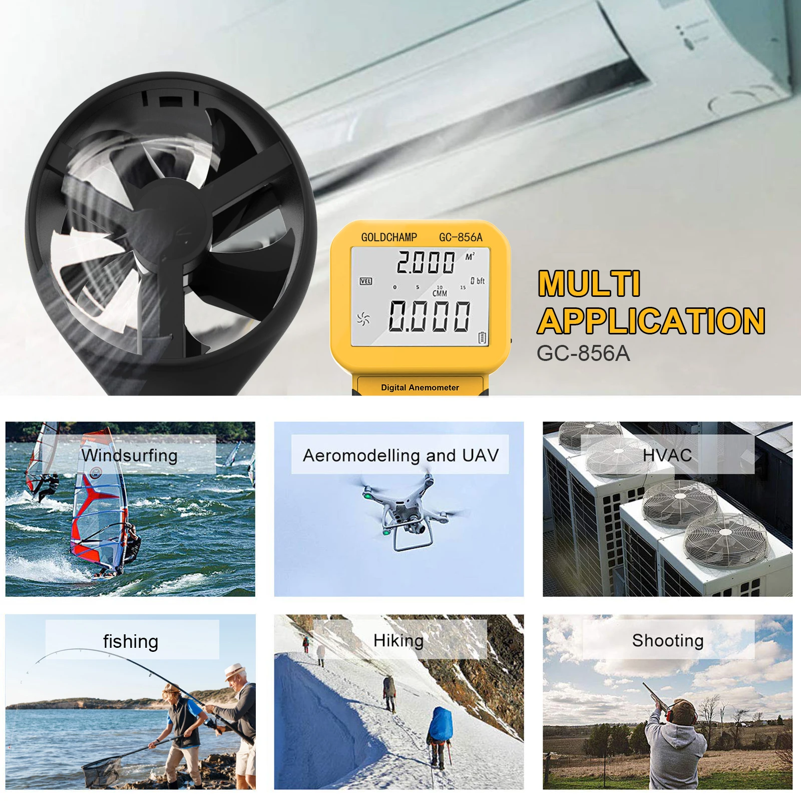Air Flow Anemometer,Pro CFM Digital Anemometer Measures Wind Speed,Wind Flow,Wind Temp for HVAC Air Flow Velocity Meteer HP-856A