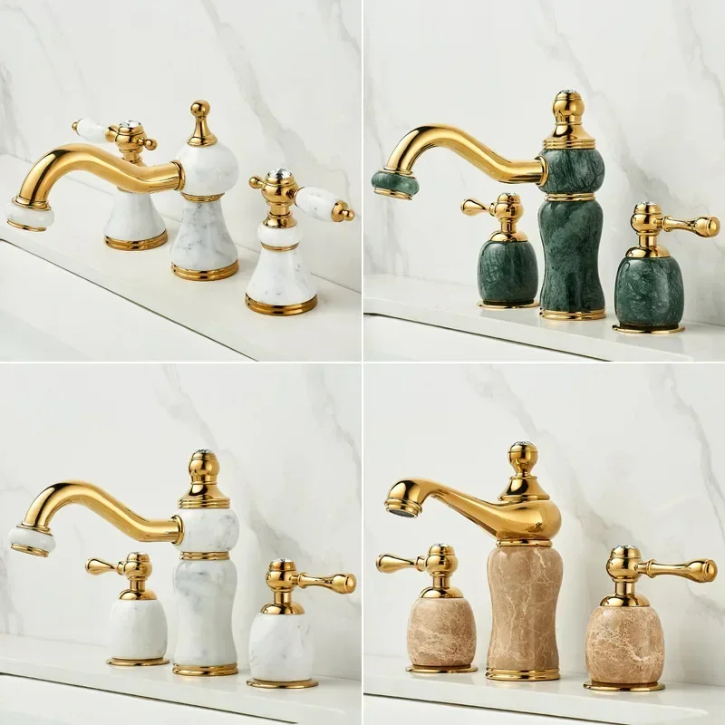 European bright gold all-copper washbasin split double handle three-hole bathroom cabinet marble washbasin hot and cold faucet