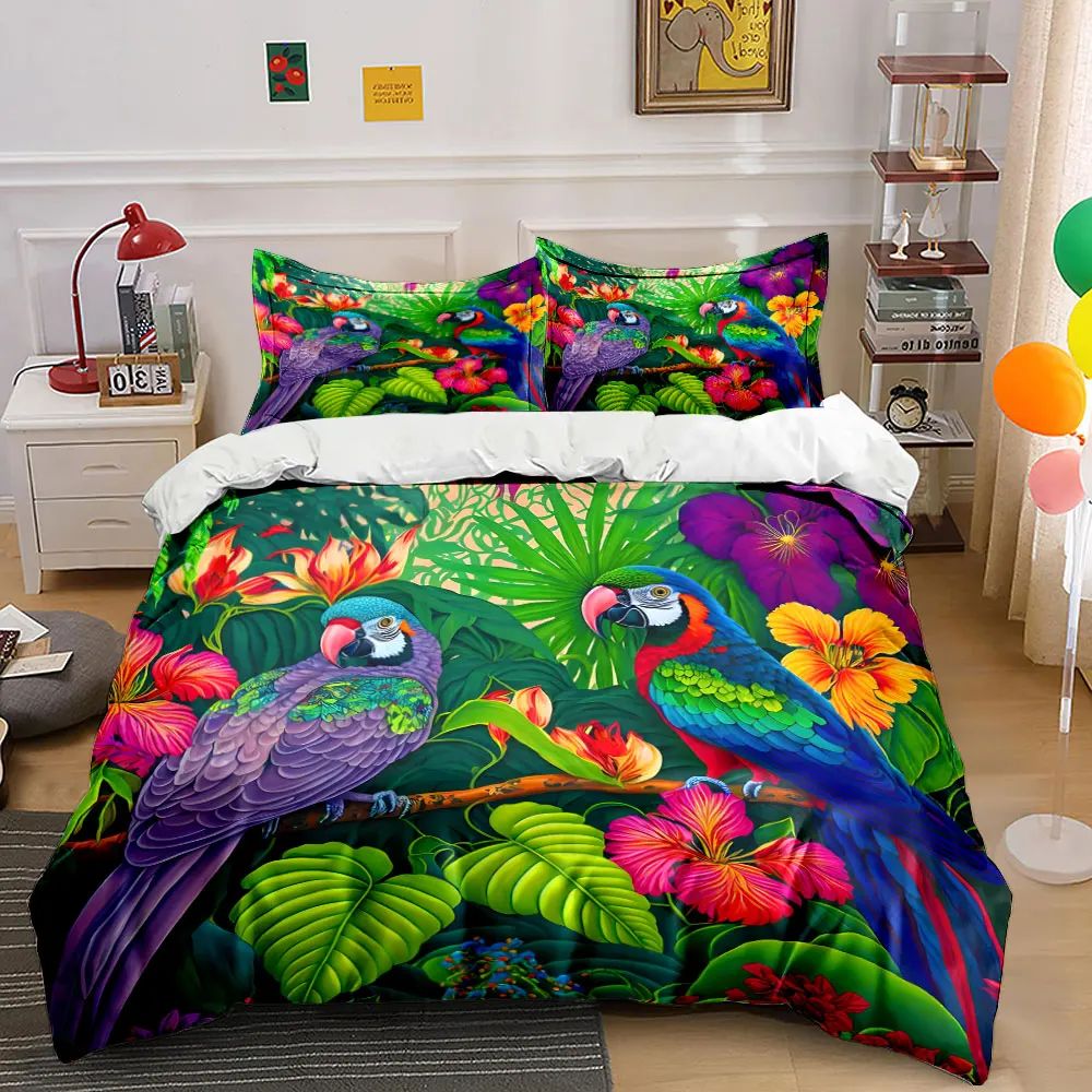 Vibrant Parrots and Tropical Flowers Print Soft Comfortable Duvet Cover Bedding Set Included 1*Duvet Cover 2*Pillowcases