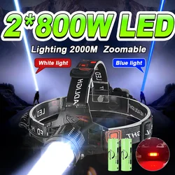 2024 High Power White Blue Light Headlight Super Bright LED Headlamp 18650 Rechargeable Zoom Headlight Camping Lantren