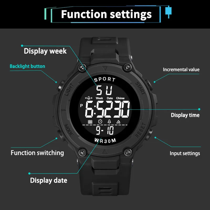 Men\'s Digital Watch Multifunctional Waterproof Luminous Alarm Clock Stopwatch  Casual Rubber Strap Wristwatches