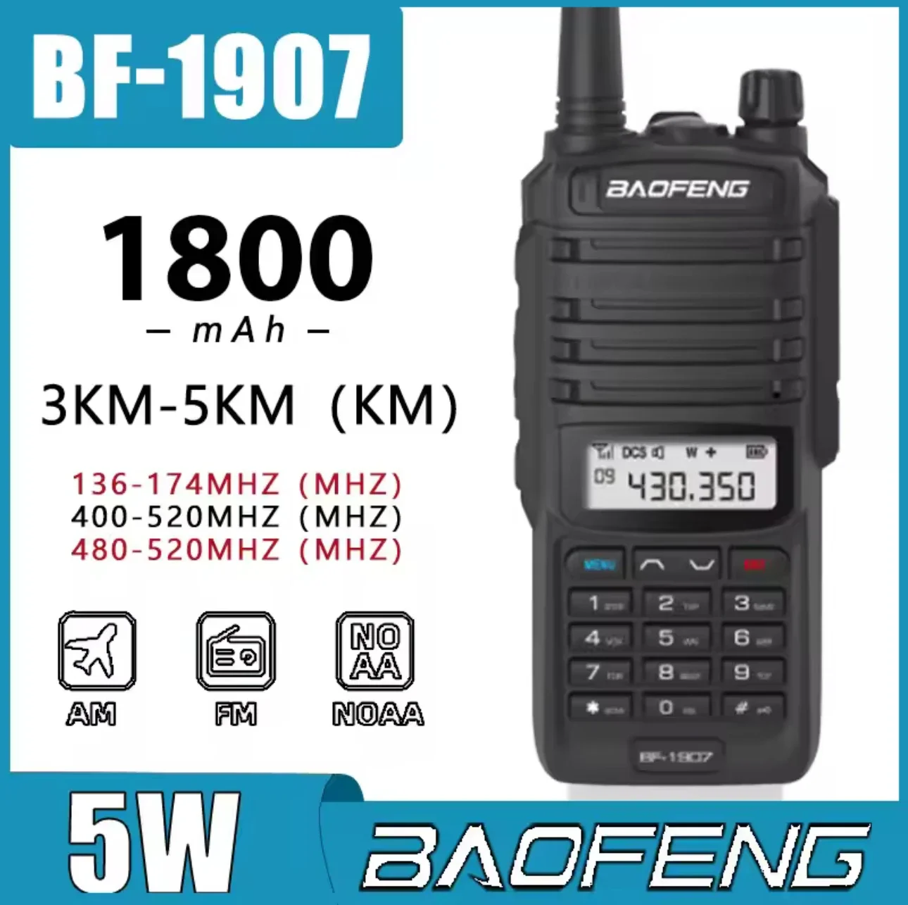 

1/2PCS BaoFeng BF-1907 Dual Band Waterproof Walkie Talkie 10W High Power UHF VHF Handheld Two Way Radio Long Range For Camping