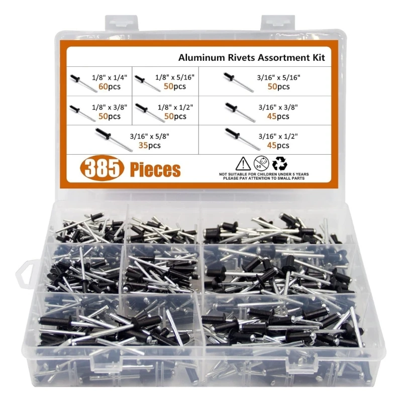 Heavy Duty Metal Rivets with Box set Multiple Size Metal Rivets Assorted Set Simple Installs 385pc for Household Repairs