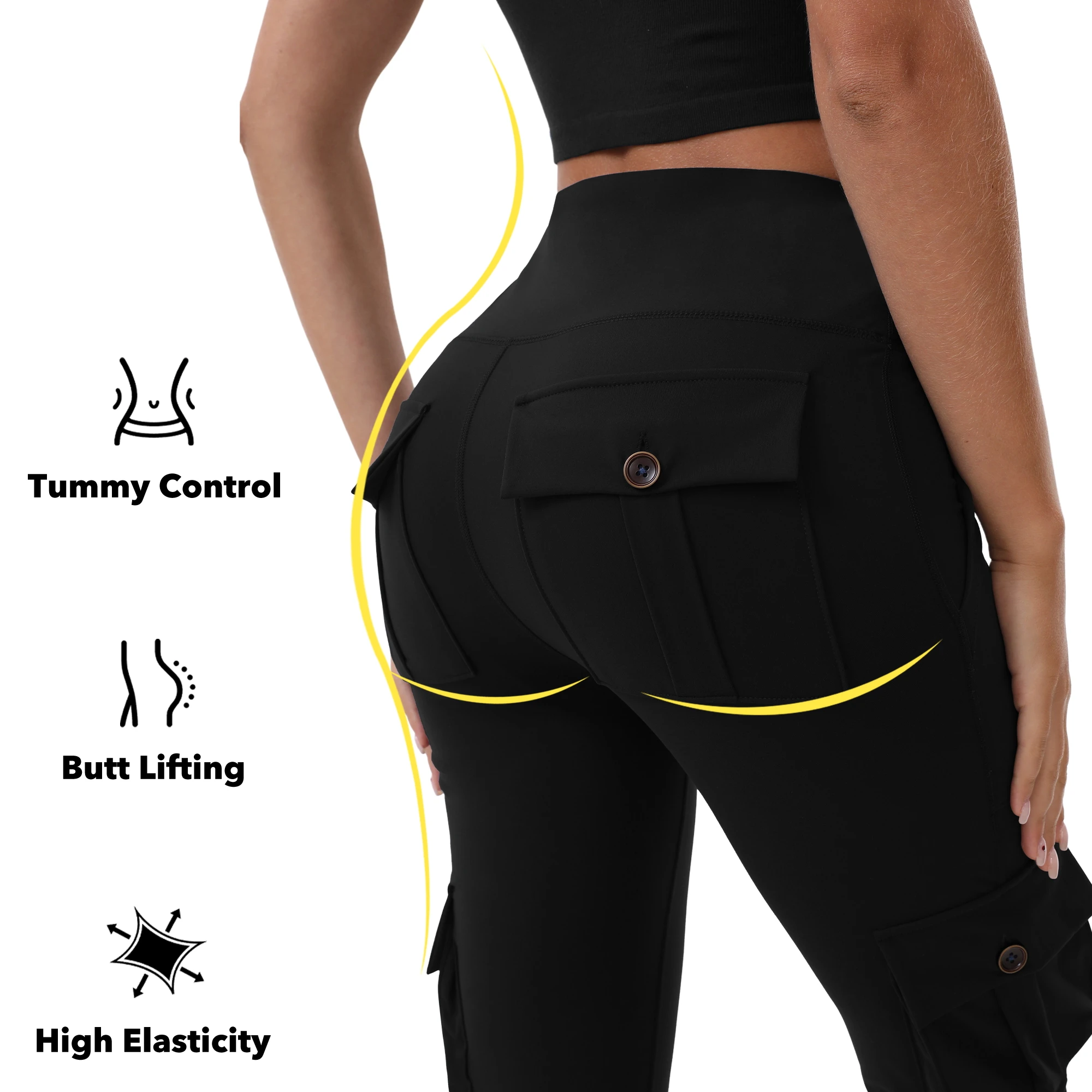 Women High Waist Cargo Flare Yoga Pants Multi Pockets Button Stretch Butt Lifting Athletic Workout Bootcut Leggings Casual Trous