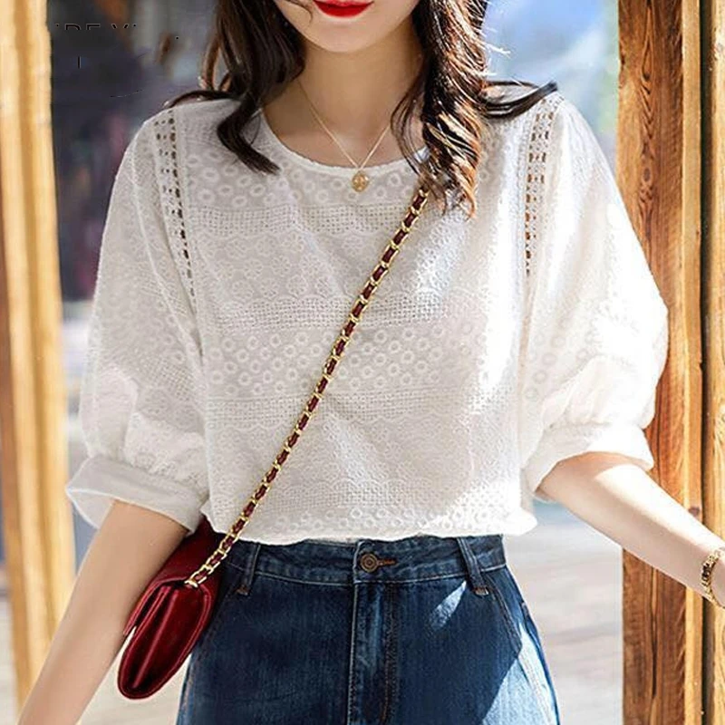 2024 Fashion Summer Embroidery Cotton Lace O-neck Casual Blouses New Korean Women\'s Lantern Sleeve Loose Shirts Clothes 13440