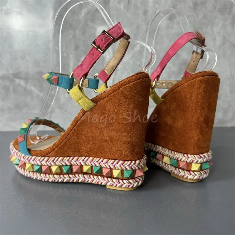 Colors Rivets Decor Wedges High Heels Sandals for Women Luxury Brand Design Slingback Platform Sandal Shoes Handmade Size 42