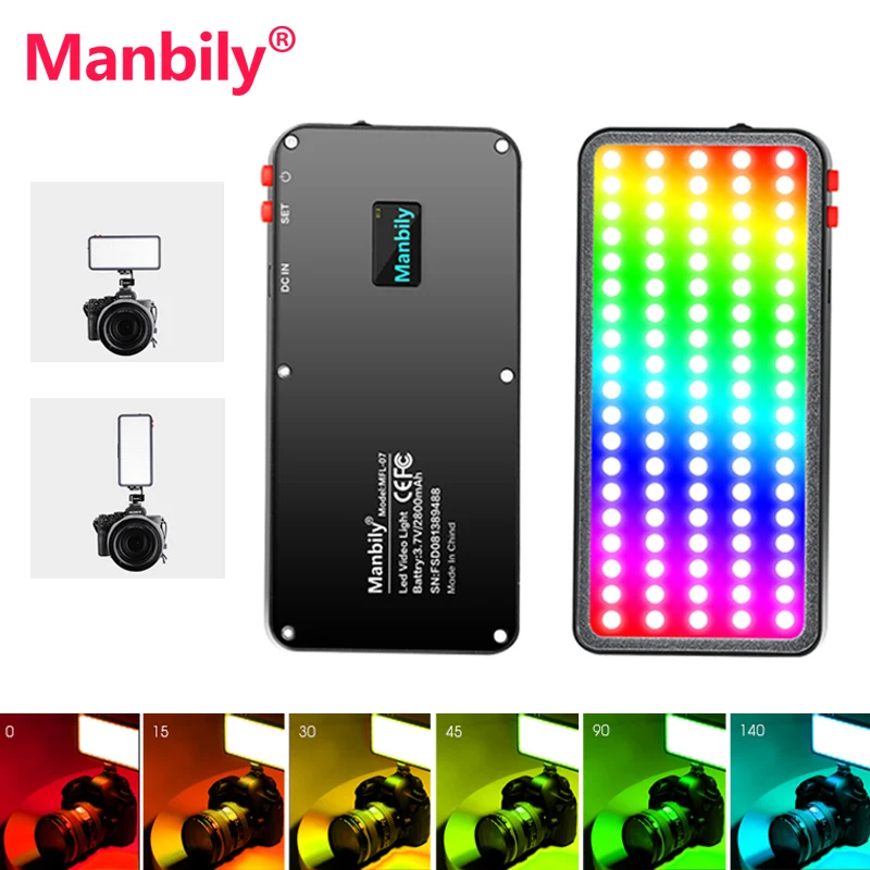 

Полноцветное RGB светодиодное освещение для видео Manbily, светильник для камеры, заполняющая лампа для видеосъемки в реальном времени, 3000–6500 К, двухцветная панель, 30 световых эффектов