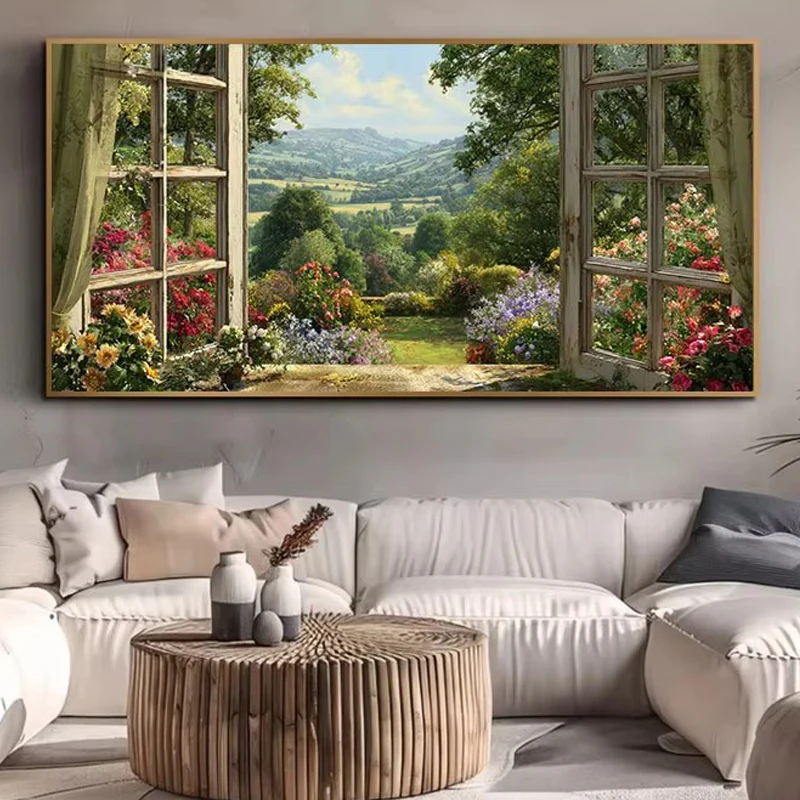 Large Garden Landscape,Window View of Nature Sceney Diy Diamond Painting Diamond Art Embroidery Full Drill Mosaic For Home Decor