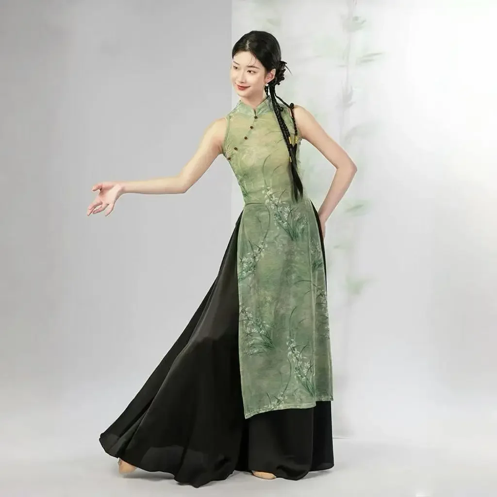 Chinese Stijl Elastische Bloemenprint Cheongsam Chinese Klassieke Dans Kostuums Vrouwen Jurk Traditionele Prestatie Kleding