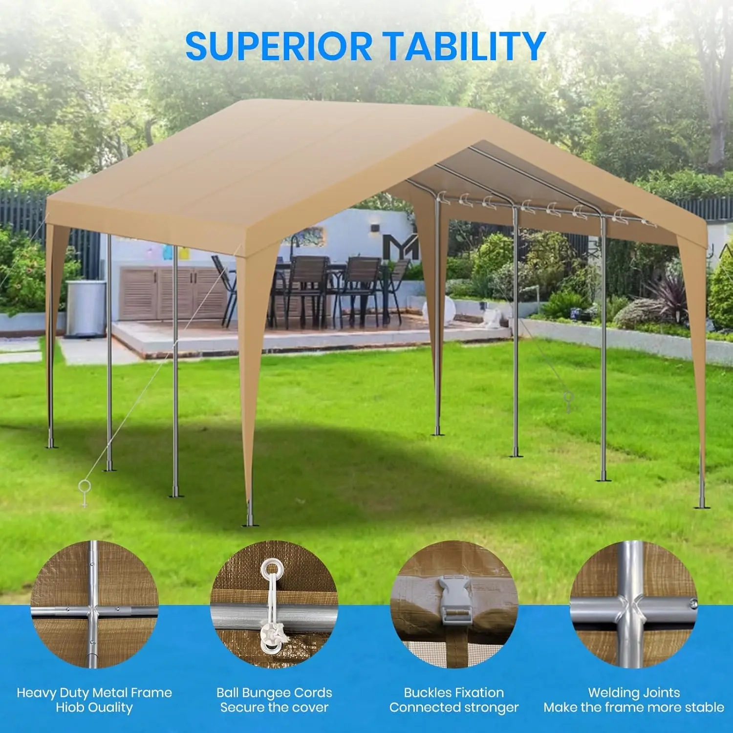 

10x20 FT Heavy Duty Galvanized Steel Carport Outdoor Portable Car Canopy Garage with UV-Resistant Waterproof PE Tarp Shelter