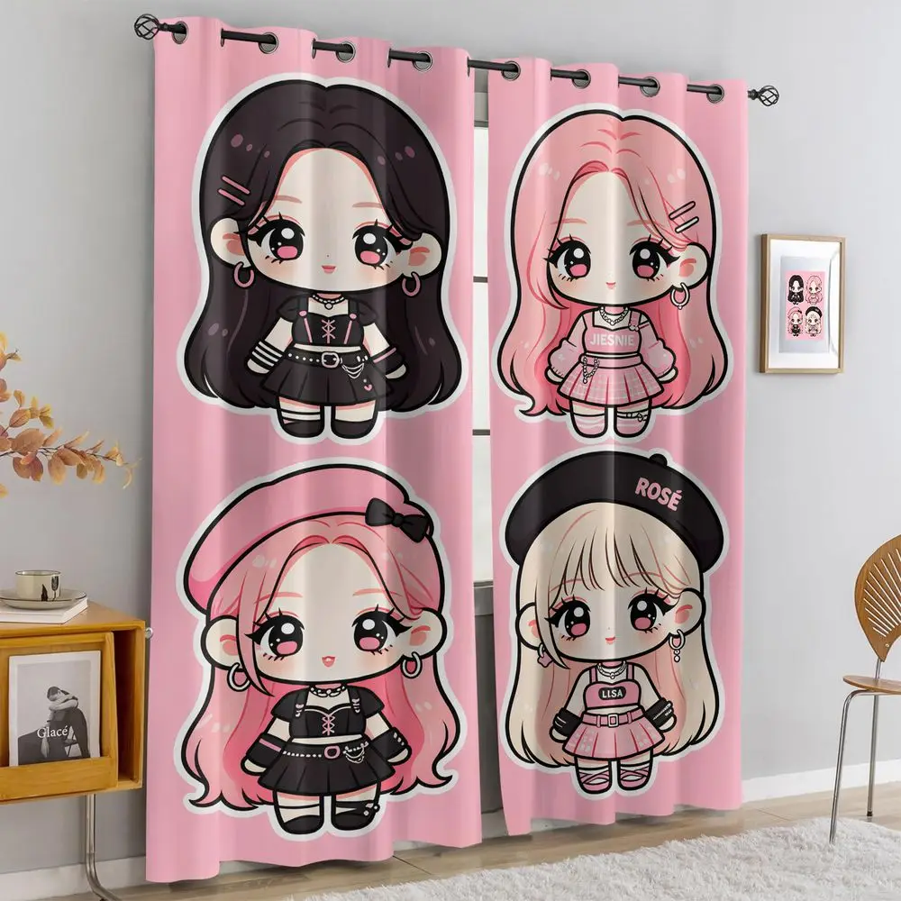 Punk Cartoon Girls Printed Curtains 2 Panels Light Blocking Rate 85% Darkening Decoration Curtains Bedroom Window Decor