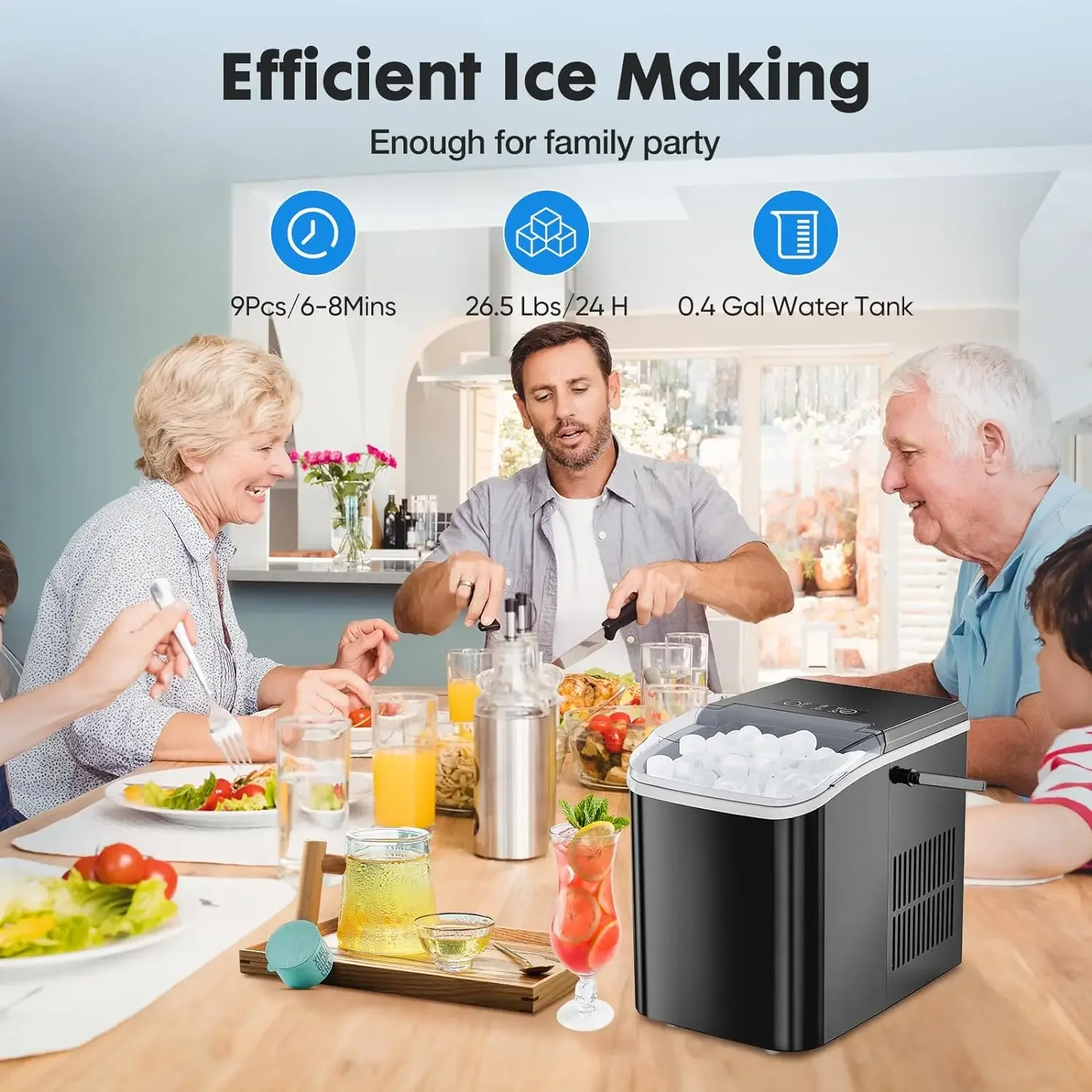 Self-Cleaning Countertop Ice Maker, máquina de gelo de alta eficiência, produz 9 cubos em apenas 6 minutos, inclui vapor, 26.5lbs por dia