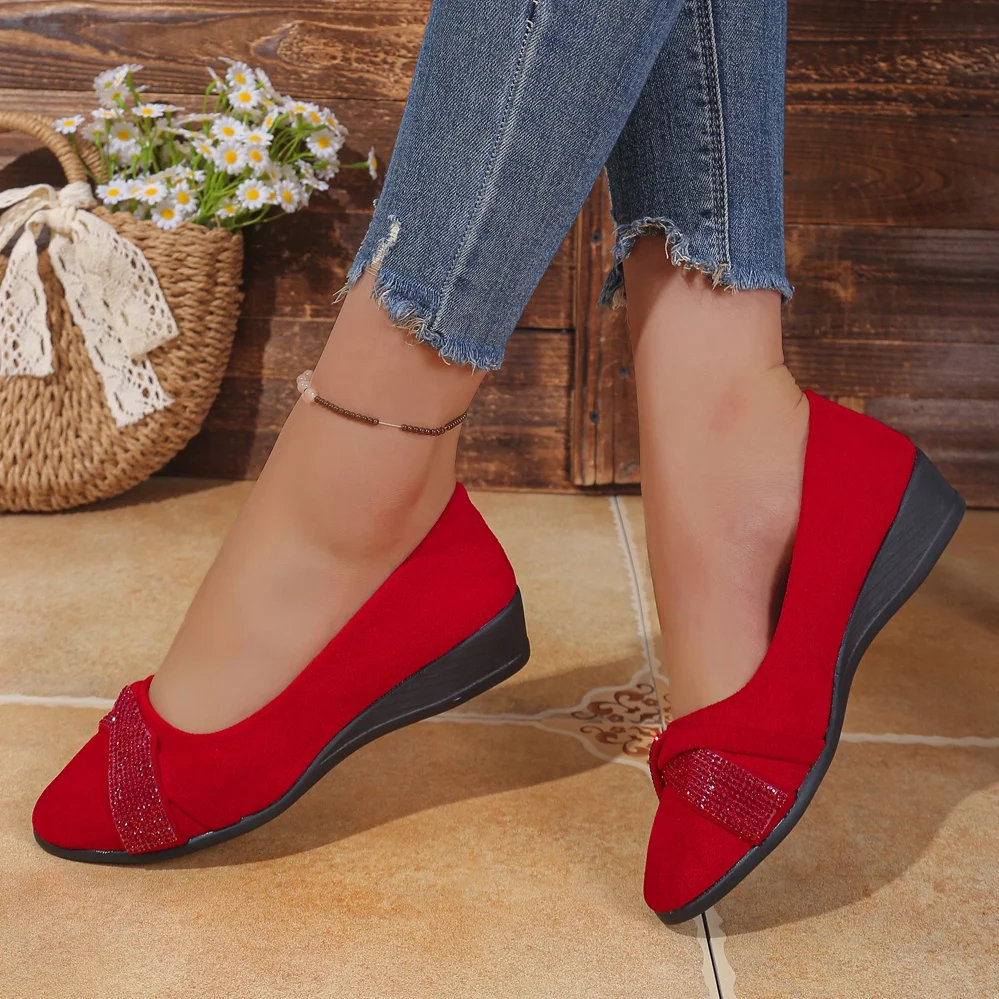 Damen-Keilabsatzpumps mit Strass-Schleife, geschlossener Zehenbereich, Slip-On-Plattform, dicker Absatz, lässige Damenschuhe, große Größen – Detail 25