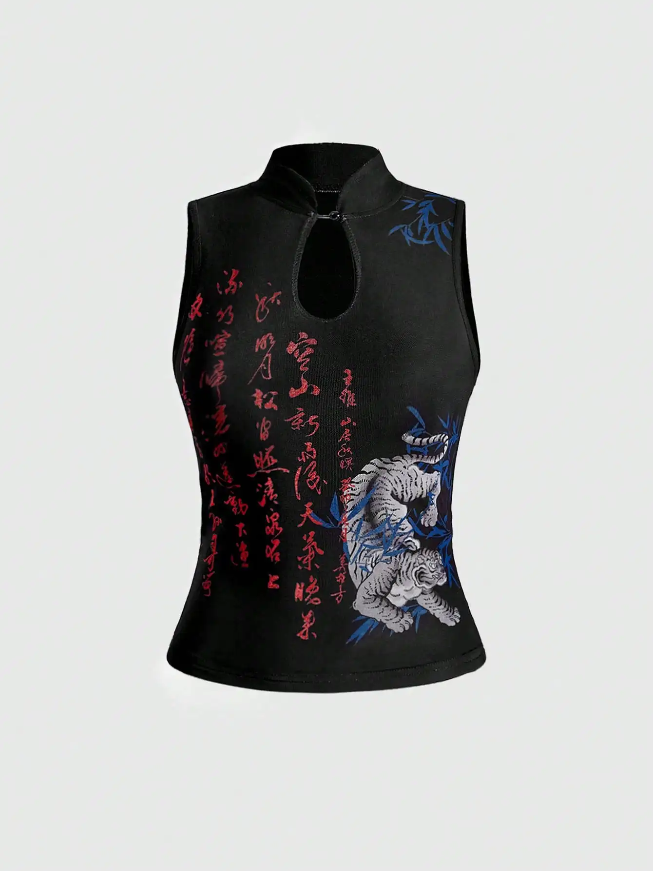 New Chinese style stand-up collar, knotted button sleeveless vest with print, slim fit, sexy top, trendy Chinese style