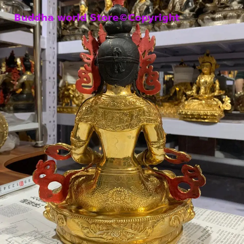 Imagem -04 - Grande Tibete Nepal Budismo Santuário Altar Cobre Dourado Chan Shou fo Amitayus Buda Estátua Abençoe a Saúde da Família fu lu Shou