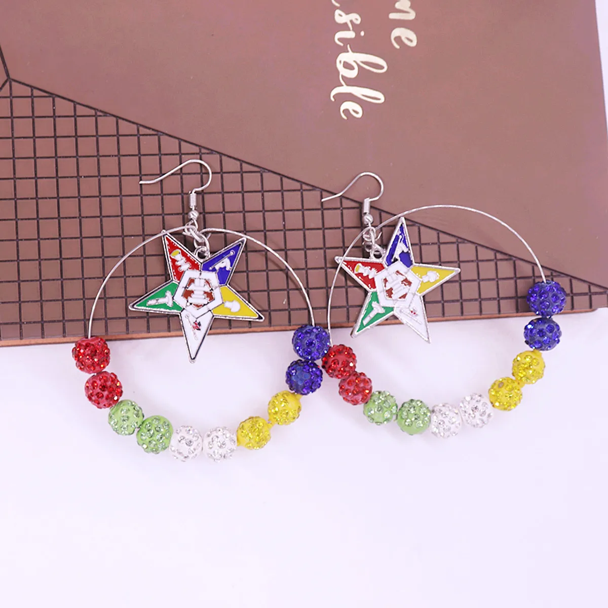 Mix Colors Crystal Ball Beads Masonic Group Order Eastern Star Shield Club OES Hoop Earrings Jewelry