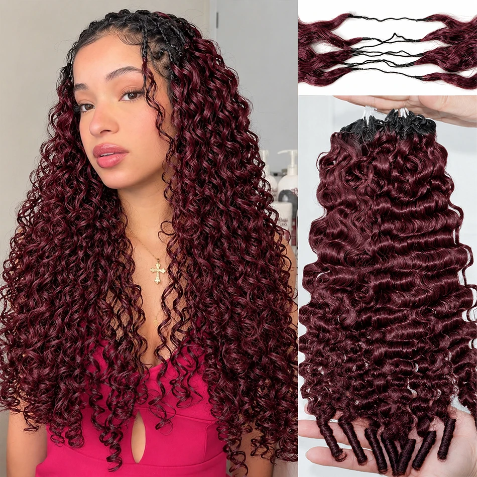 99J Burgundy Human Hair Crochet for Women Pre-Separated Burmese Curly Boho Braiding Hair Reusable Invisible Knots Feather Finish