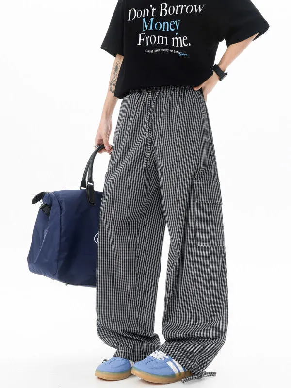 

TANGZ STUDIO Men's Vintage Blue Plaid Wide Leg Pants Drapey Floor-Length Walking Pants Straight Ice Silk Casual Trousers