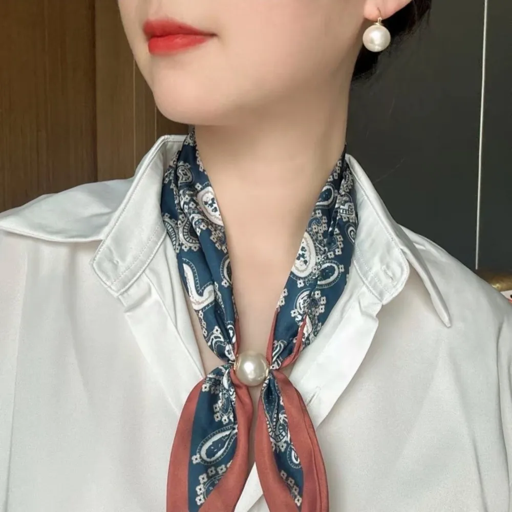 

Simple Magnetic Pearl Buckle Silk Scarf Camellia Print No Tie Women Neckerchief Satin Neck Scarf Summer