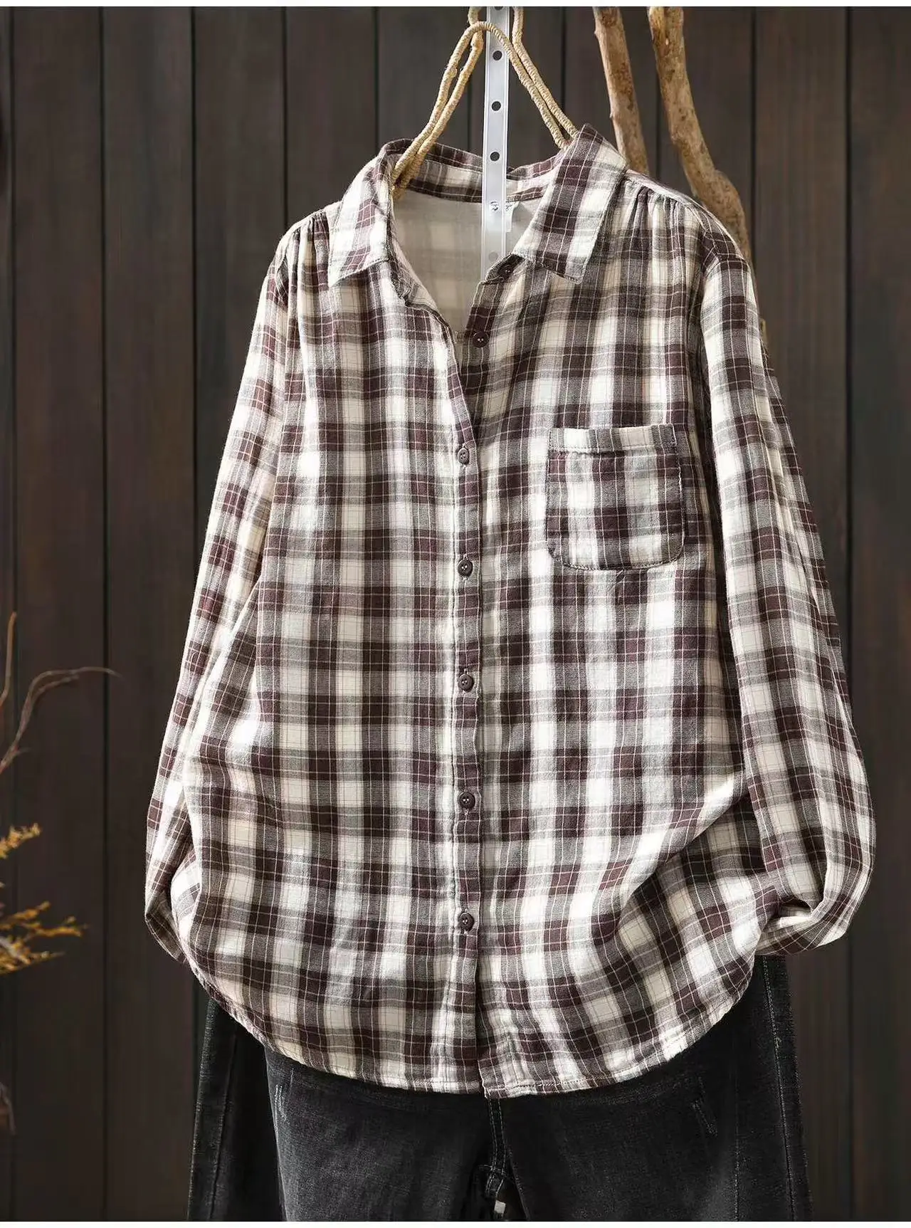 2026 Vintage clothing women\'s plaid shirt Japanese style casual pure cotton yarn checkered shirts long sleeve blouses