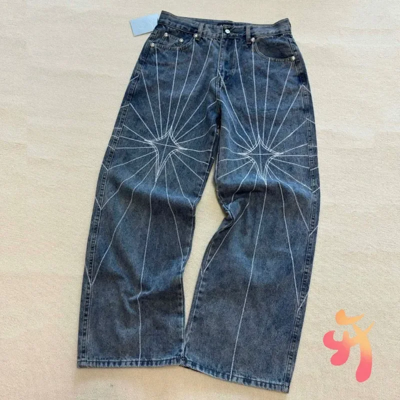 

24ss Hiphop Street Blue Denim Pants Thug Club Embroidered Spider Web Metal Stars Moons Labe Trousers Men Women Jeans