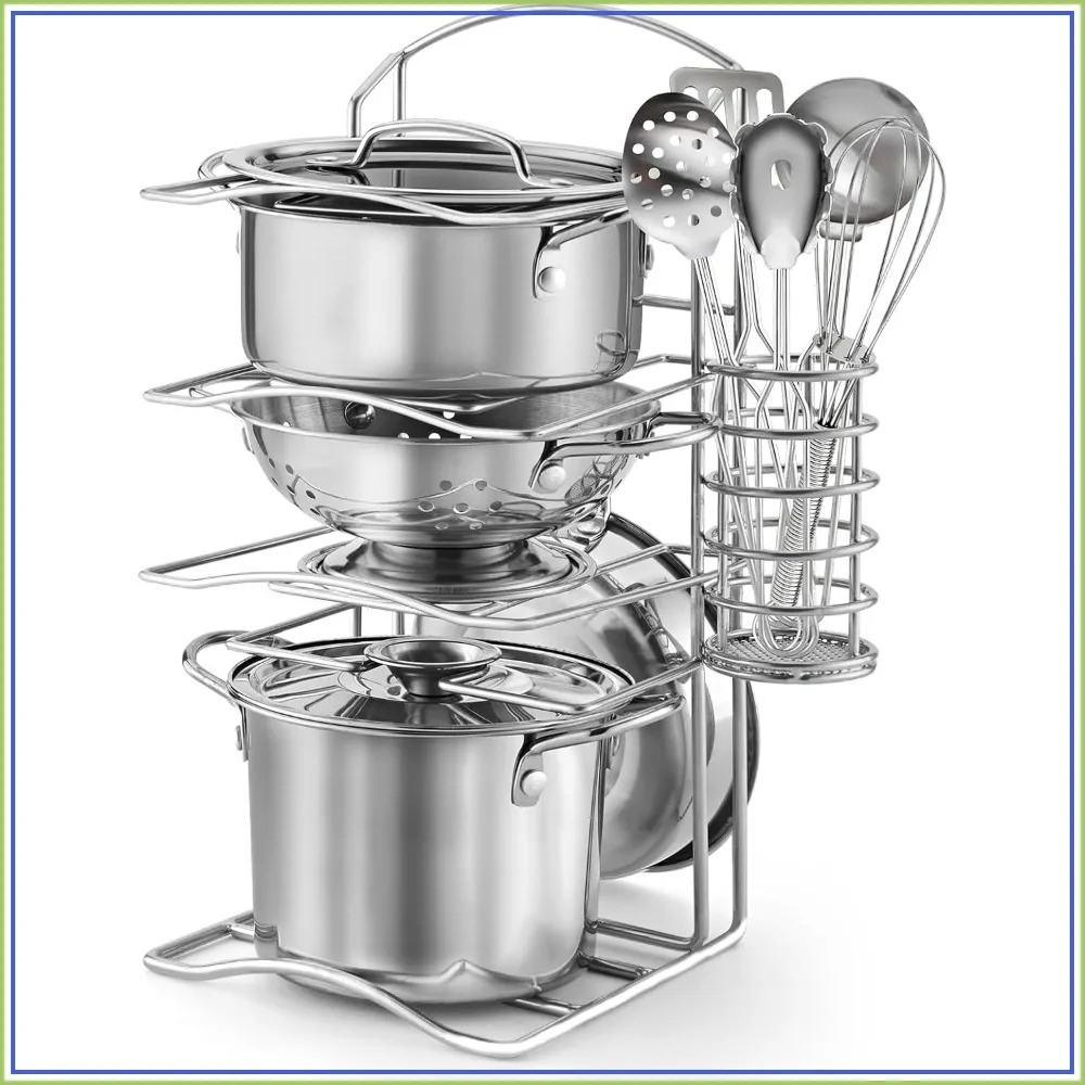 12Pcs Stainless Steel Pretend Play Kitchen Set with Rack, Pots and Pans for Toddlers Age 3+