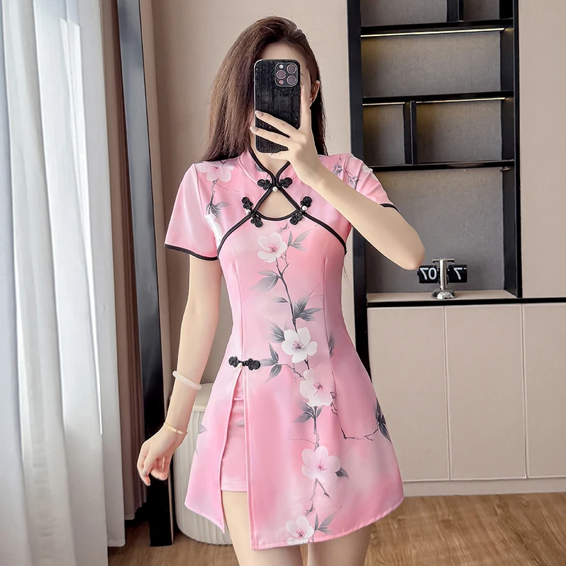 

New Chinese Style Floral Print Cheongsam Set Slim Fit Sexy Hollow-out Mini Dress with Shorts Elegant Two-piece Outfit for Women