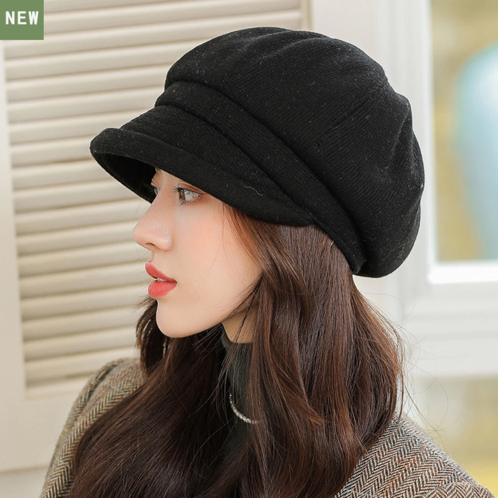 HT4270 Berets Women Solid Plain Autumn Winter Hat Ladies Vintage Artist Painter Beret Hat Female Roll Brim Octagonal  Cap