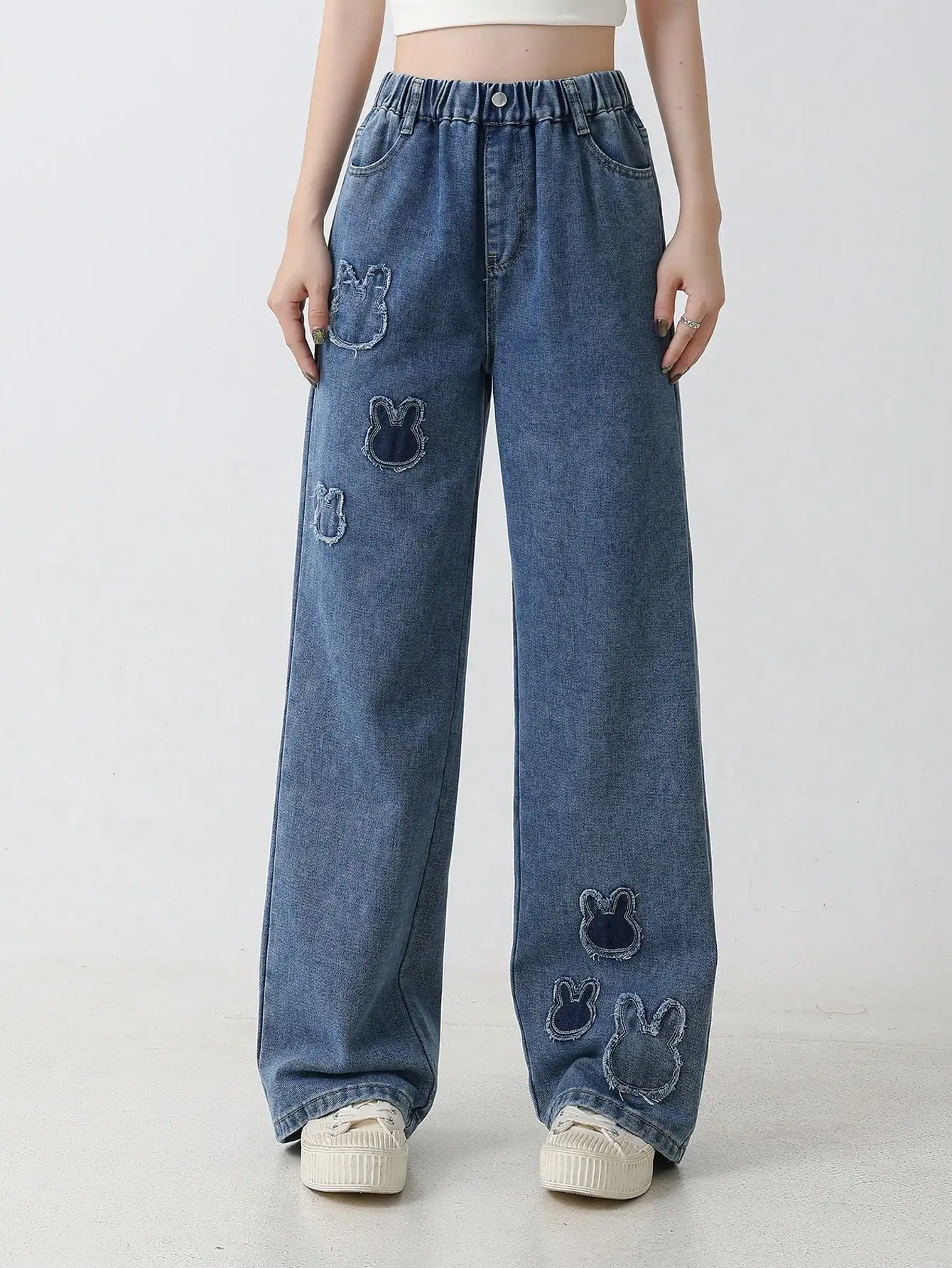 

Teenage Girls Blue Washed Rabbit Patch Long Jeans Loose Sweet Casual Wide Leg Straight Pants for Middle to Large Size Kids
