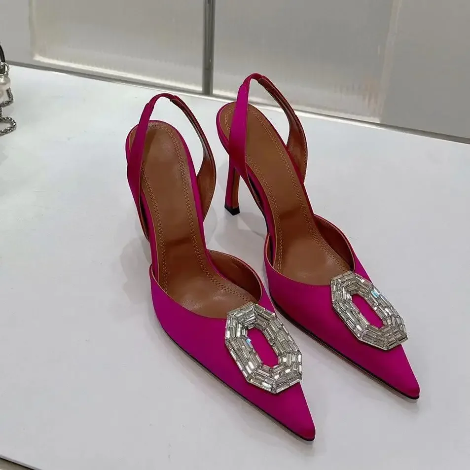 

New High Heels Women Pumps Rhinestone Buckle Wedding Shoes Pointed Toe Slingbacks Thin Heels Crystal Bling Summer Sandals Woman