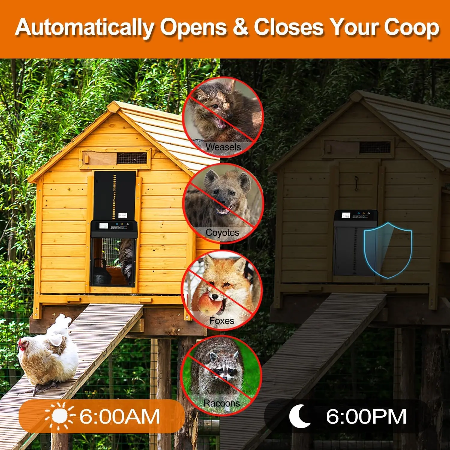 自動鶏小屋ドア、タイマー付き自動鶏ドア、挟み込み防止＆光センサー鶏ガード、バッテリー自動ドア