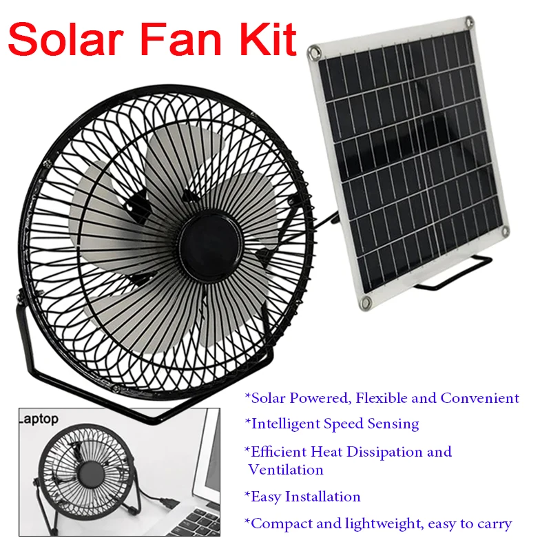 10W 5V Portable Solar Fan Set 8inch USB Exhaust Fan Solar Panel Powered Fan Ventilator for Home/Office/Outdoor Travel Camping