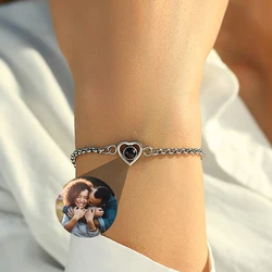 Personalized Custom Projection Photo Bracelet For Women Men Couple Stainless Heart Bracelet Memorial Valentines Day Gift Jewelry
