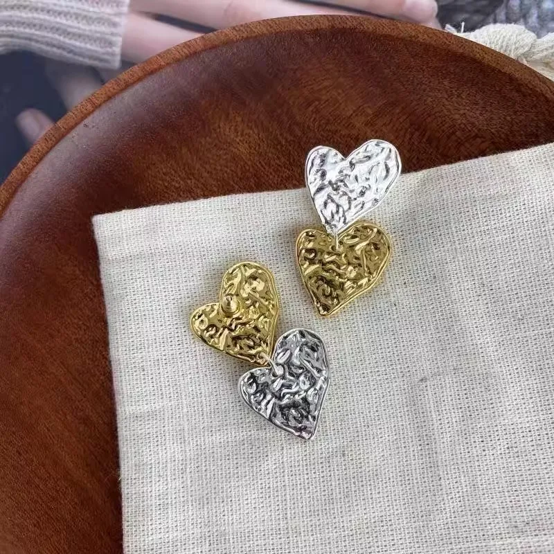 Brass With 18K Gold 2 Tone Heart Earrings Women Jewelry Punk Party T Show Gown Runway Korean Japan INS