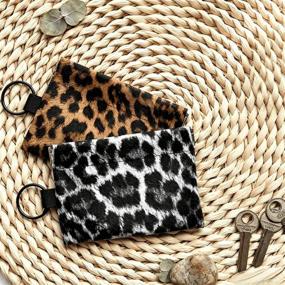 New Leopard Print Coin Purse Automatic Closure Squeeze Opening Key Ring Pouch Portable Earphone Case Everyday Carry
